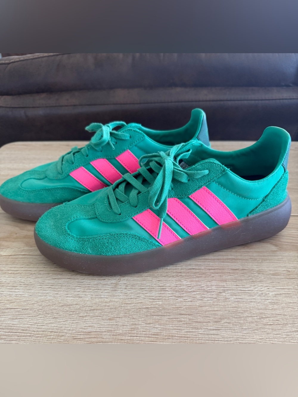 adidas Women’s 11 Green Sneakers with Pink Stripes